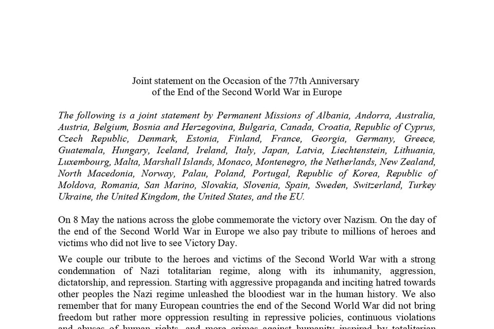 Joint statement on the Occasion of the 77th Anniversary  of the End of the Second World War in Europe