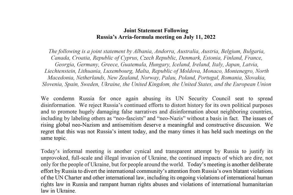 Joint Statement Following  Russia’s Arria-formula meeting on July 11, 2022 