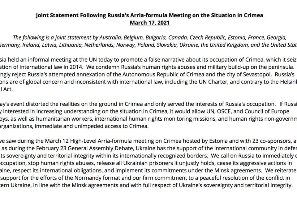 Joint Statement by a Group of States Following Russia's Arria-formula Meeting on the Situation in Crimea   